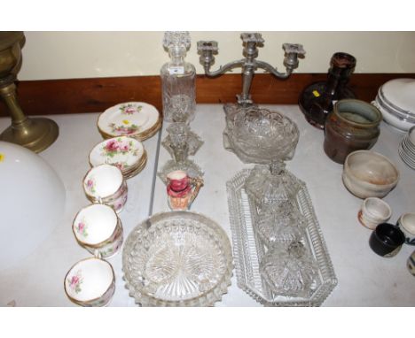 A three branch candelabra; a collection of glassware to include dressing table items; a decanter and a collection of Royal Al