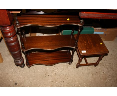 A small oak stool raised on ring turned supports; and a three tier wall shelf