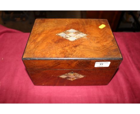 A mother of pearl inlaid sewing box and contents of costume jewellery