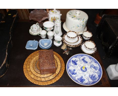 A collection of Court china teaware; a cheese dish and cover; a Mason's collector's plate; a carved wooden trinket box; a gra