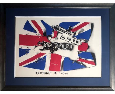 SEX PISTOLS ANARCHY IN THE UK POSTER. A mounted and framed original 1976 lithograph poster advertising 'Anarchy In The UK'. M