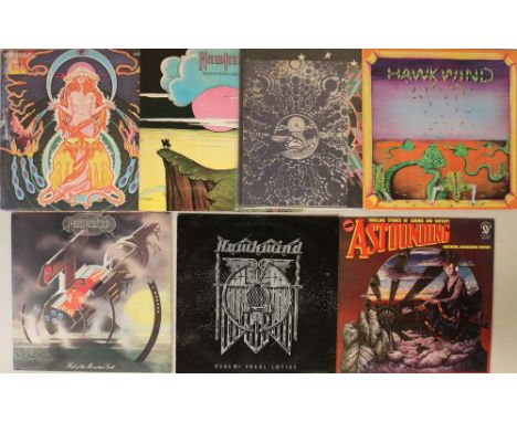 HAWKWIND - LPs. Ace run of 7 x original title LPs. Titles are The Space Ritual (UK original UAD 60037/8 fold-out cover - Ex+ 