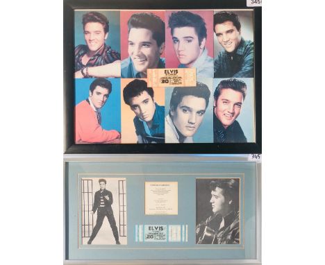 ELVIS FRAMED TICKETS. Two mounted and framed displays, one to include a complete, unused ticket for Elvis at Huntington Civic