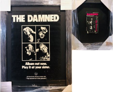 THE DAMNED 1977 STIFF PROMO POSTER / RAMONES TICKET. Two professionally framed items to include: original 1977 The Damned Sti