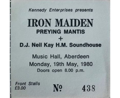 UNUSED IRON MAIDEN 1980 TICKETS. A run of three original and untorn tickets for Iron Maiden's 1980 show at the Music Hall, Ab
