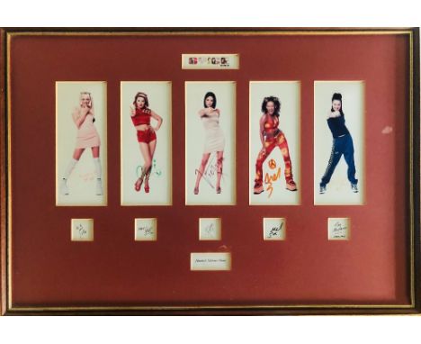 SPICE GIRLS SIGNED PRINT. A mounted and framed display piece bearing five hand signed images depicting members of the Spice G