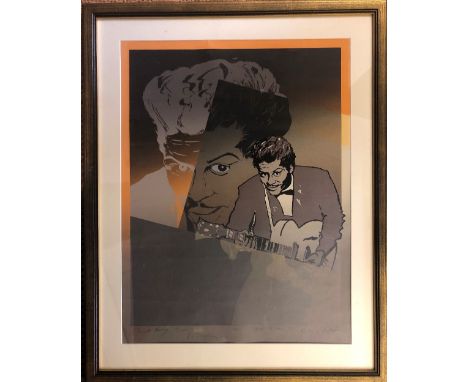RONNIE WOOD SIGNED CHUCK BERRY PRINT. A mounted and framed, limited edition print of a work by Ronnie Wood titled 'Chuck Berr