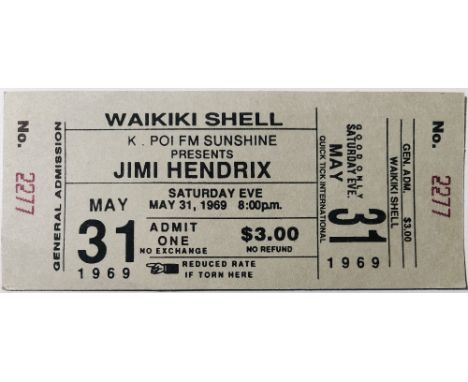 JIMI HENDRIX 1969 HAWAII CONCERT TICKET. An unused concert ticket for Jimi Hendrix's performance at Waikiki Shell, Hawaii on 