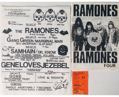RAMONES TICKET/FLYER/ZINE. Three pieces of original Ramones memorabilia to include: a circa 1980s flyer for City Gardens, Tre