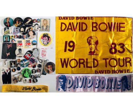 DAVID BOWIE BADGES INC DOG TAG. Collection of approx 46 badges, many officially issued inc a still sealed Let's Dance badge, 