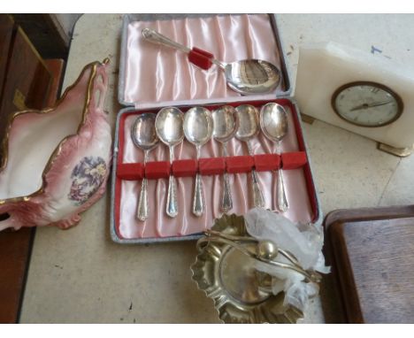 A Westclox mantle clock, a set of silver plated spoons, a selection of brass tunic buttons, with a Staffordshire ceramic piec