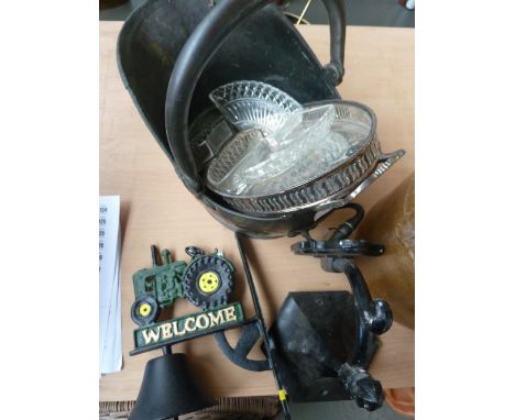 A vintage coal scuttle, with a silver plated tray and cut glass dishes, with a metal light fitting and tractor door bell