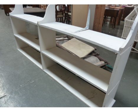 A large painted pine hanging wall shelf, with central divider, 205cmW