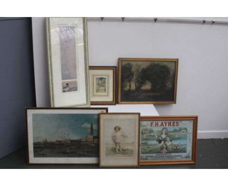 A quantity of framed decorative prints including a F. H. Ayres advertising print, a Canaletto print, a French print of a Fete