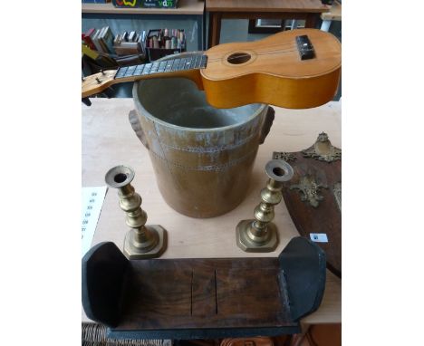 A large stoneware flower jar, a Ukulele, brass candlesticks and a mahogany and brass folding book shelf