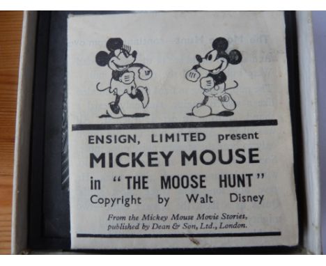 Mickey Mouse Magic Lantern Slides by Ensign Limited "The Moose Hunt" in original box with leaflet (8 slides)