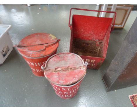Three mid 20th century fire buckets for titanium magnesium powder