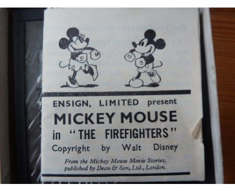 Mickey Mouse Magic Lantern Slides by Ensign Limited "The Firefighters" in original box with leaflet (8 slides)