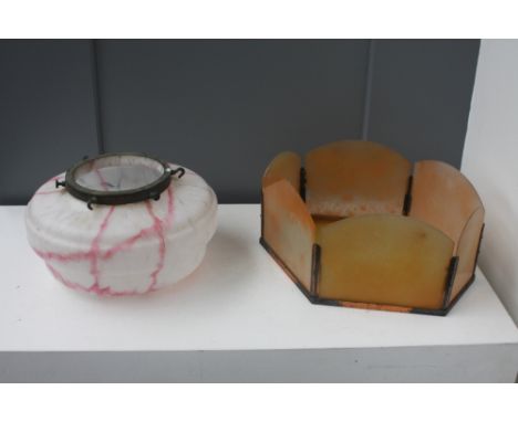 An Art Deco style orange glass lamp shade with a pink and white veined milk glass shade (2)