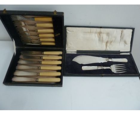 A cased set of six bone handle silver plated fish knife and forks, together with a cased fish serving knife and fork with mot