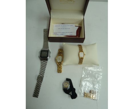 A Citizen Eco0Drive watch with link bracelet, a Rotary ladies watch with bracelet link, a Casio digital watch, and a bracelet