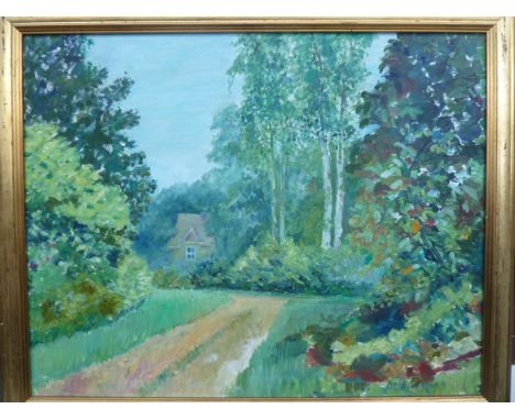 Marion R. Galloway, Waverley Abbey Gardens, oil on board, signed lower right, framed, 40 x 50cm with two others by the same a