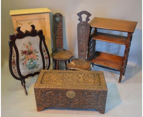 An Oriental Carved Hardwood Small Trunk, together with an oak lectern, two oak sewing chairs, an Art Nouveau mahogany fire sc