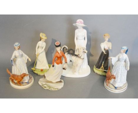 A Coalport Group 'Girl with Afghan' together with five Royal Worcester figures 