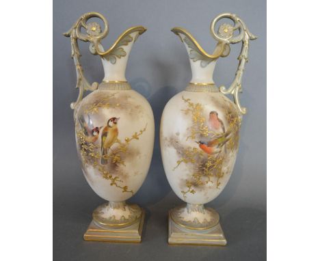 A Pair of Royal China Works Worcester Blush Ivory Jug Vases, each hand painted with two chaffinch amongst foliage and Europea