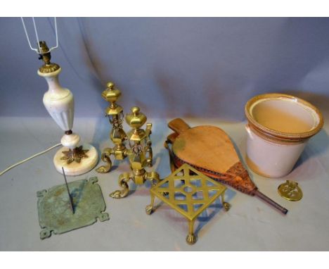 An Alabaster and Brass Table Lamp, together with a brass trivet, a pair of brass andirons and other items 