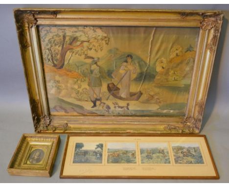 A Regency Silkwork Picture depicting Figures with a Landscape, 32 x 66 cms, together with a portrait miniature and The Boar, 
