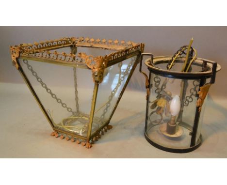 A 19th Century Gilt Metal Four Glass Hall Lantern of tapering form together with another similar of cylindrical form 