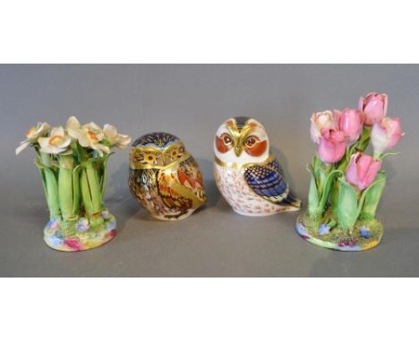 A Royal Crown Derby Imari Decorated Decanter in the form of an Owl, together with another similar and two Crown Staffordshire