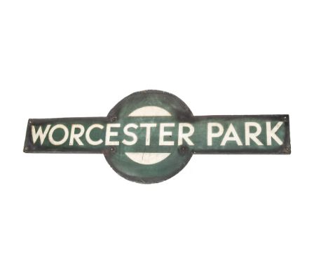 Original Southern Railway Station Target Sign Worcester Park, with white lettering on a green ground, inscribed 'Worcester Pa