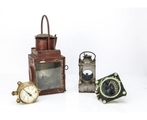 S.E. &amp; C.R. and SR Lamps and Gauges, a red repainted signal lamp of square form with loop handle, stamped S. E. &amp; C.R