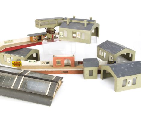 Trix TTR 00 Gauge early post-war Wooden Buildings, Engine Shed, Carriage Sheds (3), Overhanging Signal Box, Water Tower, two 