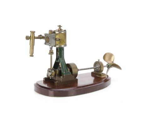 A single-cylinder vertical marine-type Steam Engine, appears to be from a Stuart Turner design, finished in green and brown w