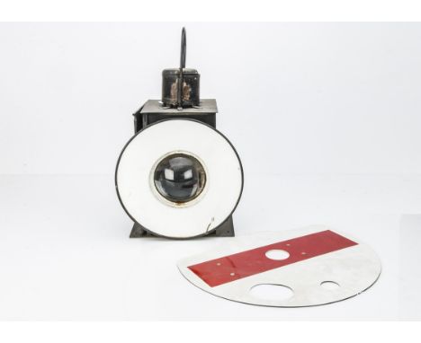 Railway Ground Signal Lamp, unmarked of square form with loop handle, above white painted reflecting disc and lens, with inte