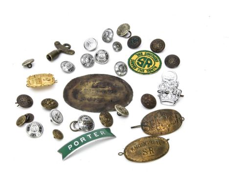 Railway Cap Badges and Buttons, various items including SECR brass cap badge, SR Engineman brass cap badge and enamelled BR S