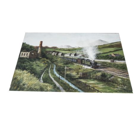 Unframed Steam Locomotive Oil Paintings, one on board depicting a Southern No 5 steam engine and coaches under steam dated 19