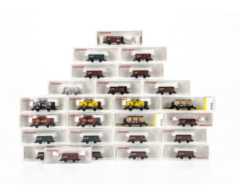 Continental N  Gauge  Open Trucks and Tank Wagons,  a cased collection including Trix 15004 (2) and Fleischmann tank wagons 8
