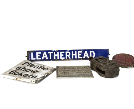 Railway Signs and Works Plates, various items including enamelled triangular section destination board insert white on blue i