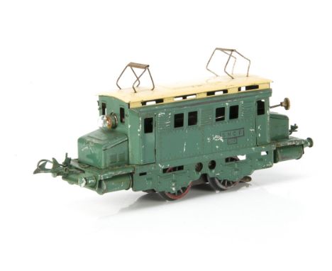 A French Hornby 0 Gauge post-war 20-volt AC electric model in SNCF turquoise-green with cream roof, with rubber-stamped purpl