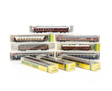 Fleischmann and Minitrix N Gauge Continental Coaches, a cased group comprising Fleischmann 8110 (2), 8112, 8133 and Minitrix 