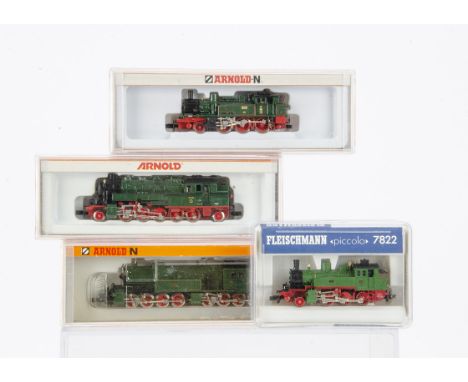 Fleischmann and Arnold N Gauge German Steam Locomotives, four cased examples including Fleischmann 7822 T9 locomotive of the 