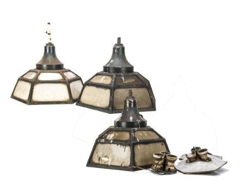 Three Southern Railway Train Station Light Shades, of octagonal form, painted copper frames inset with opaline glass or acryl