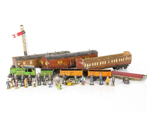 A Mixed Lot of 0 Gauge Trains, including three Leeds (LMC) wooden coaches - 1 NER full brake, 2 LMS (one lacking roof), with 