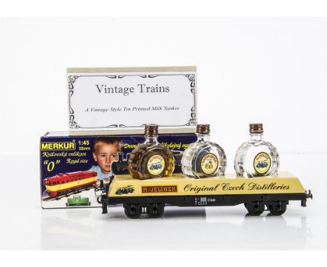 Merkur Liquer and Barrel Trucks and Darstaed Vintage Trains Tank wagon, Merkur 9515 Czech Distilleries wagon with three unope