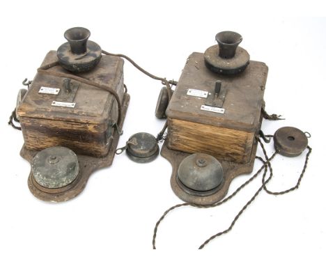 Pair of  Signal Box Wall Mounted Telephones, both oak cased (damage to one corner) mounted with bells, metal and Bakelite mic