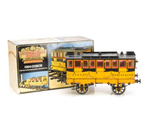 Two Hornby 3½" Gauge Stephenson's 'Rocket' G104 Coaches, one G-VG, two end steps detached but included, dusty, in original bo